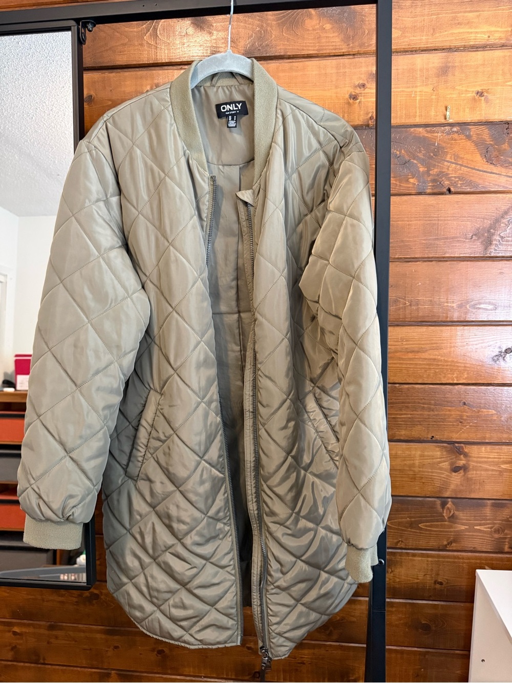 ONLY Olive Quilted Long Bomber Jacket